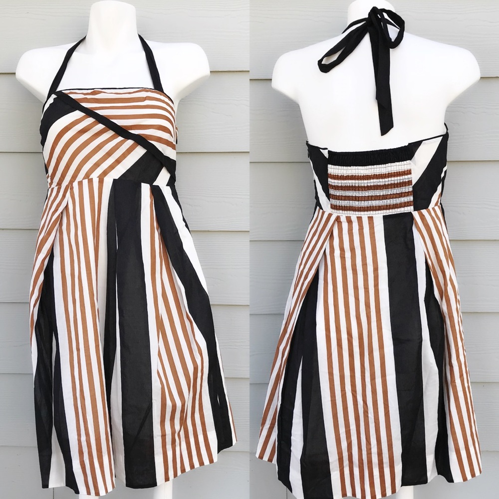 Anthropologie Brown and Black Striped Halter Dress
